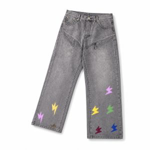 Gray Washed Lightning Patch Straight Leg Jeans