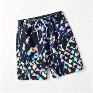 Black Geometric Print Beach Shorts