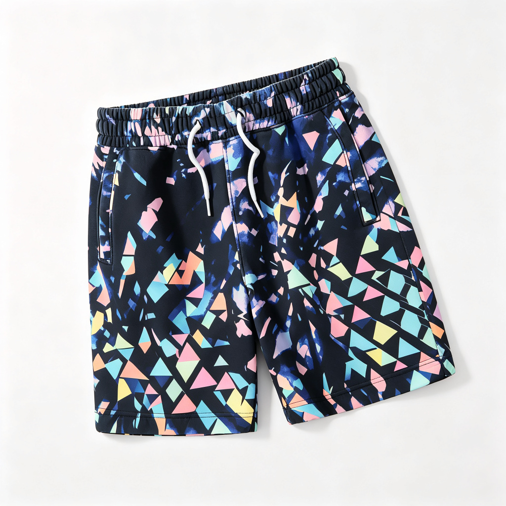 Black Geometric Print Beach Shorts