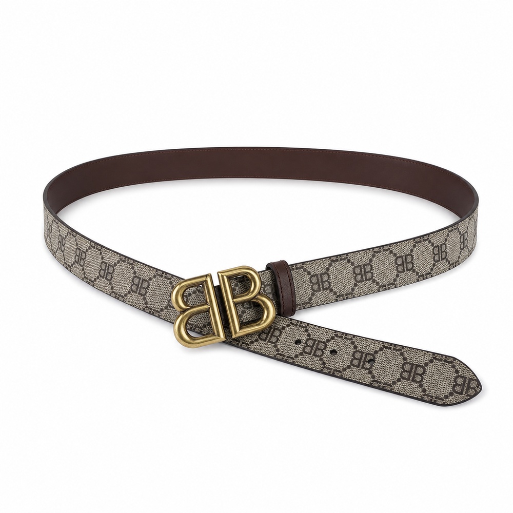 Gray Brown Patterned Antique Gold Buckle Belt, 38mm