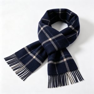 Navy Wool Check Scarf