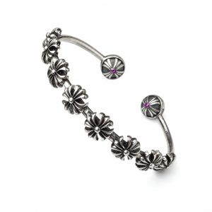 Silver-Tone Alloy (Non-Precious Metal) Oxidized Cross-Floral Link Bracelet