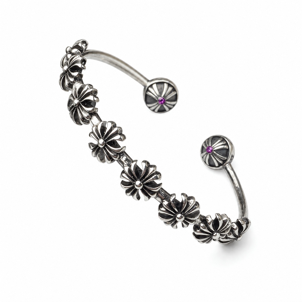 Silver-Tone Alloy (Non-Precious Metal) Oxidized Cross-Floral Link Bracelet