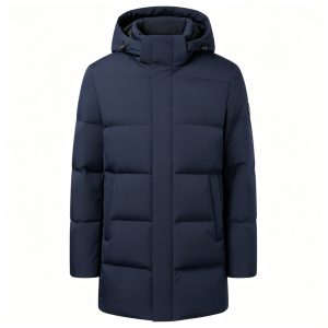 Navy Mid Length Hooded Down Jacket