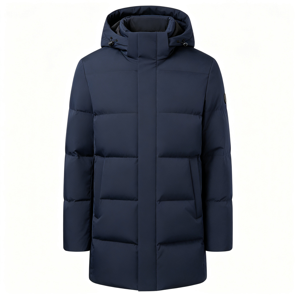 Navy Mid Length Hooded Down Jacket