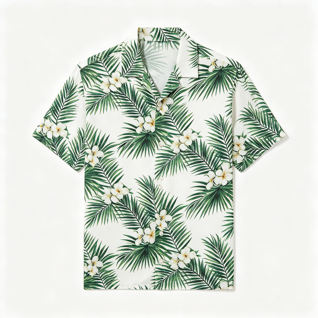 White Tropical Palm Print Short Sleeve Shirt – Bild 2