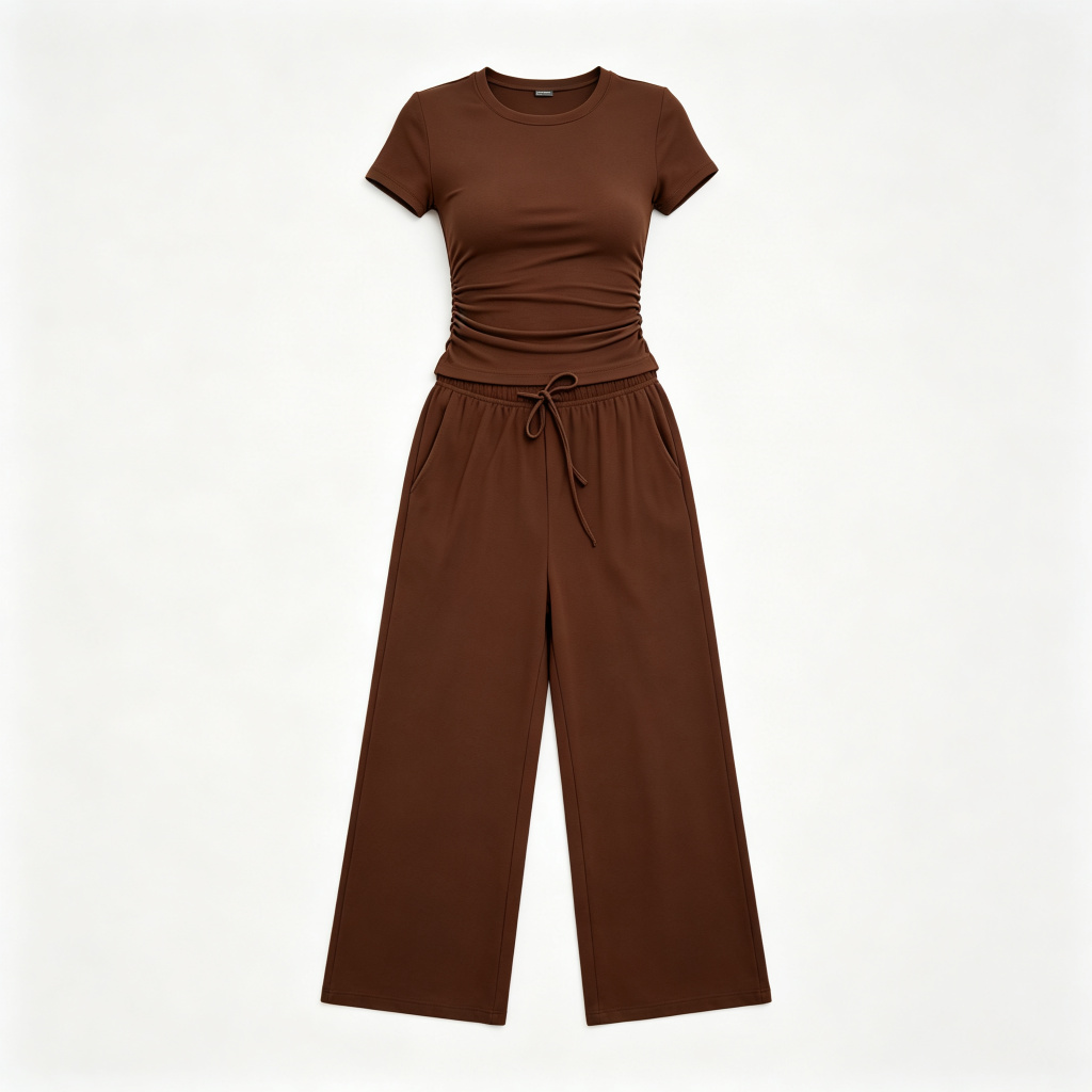 Brown Short Sleeve Wide Leg Pants Set – Bild 2