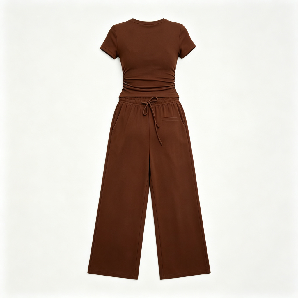 Brown Short Sleeve Wide Leg Pants Set – Bild 3