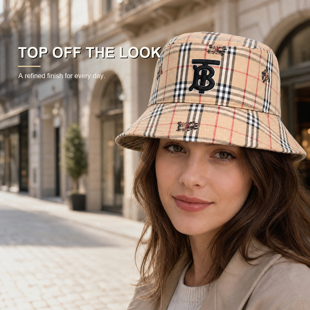 Beige Check Embroidered Bucket Hat – Bild 3