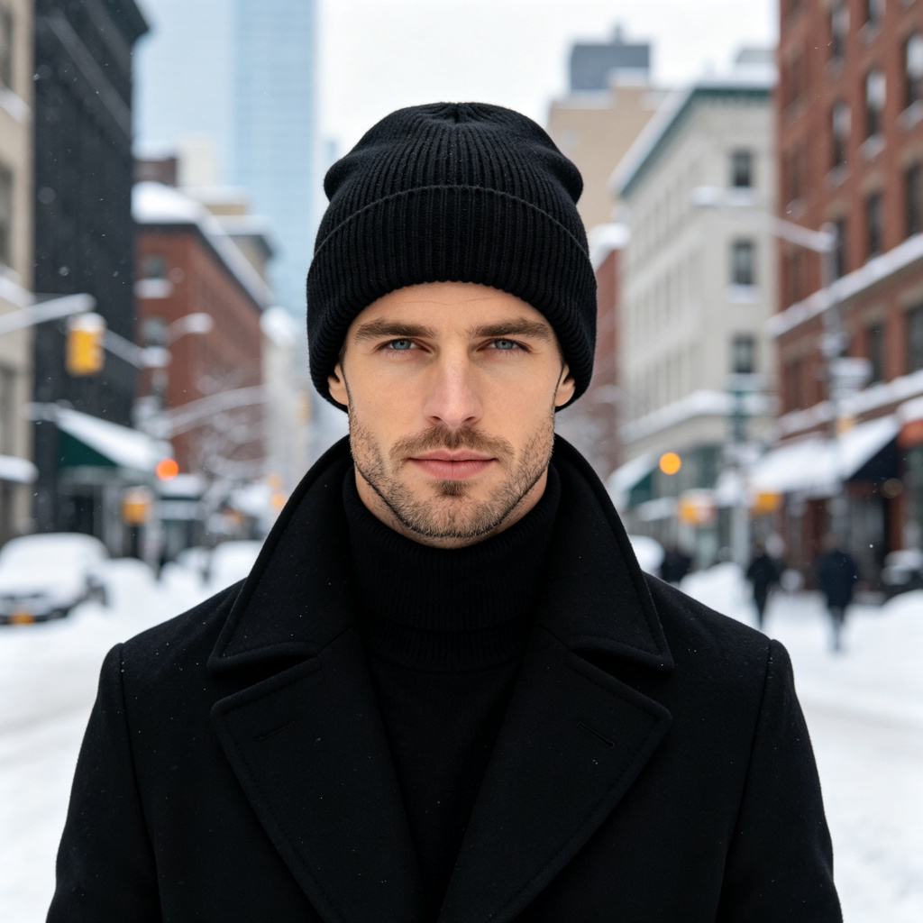 Black Ribbed Knit Cuff Beanie – Bild 3