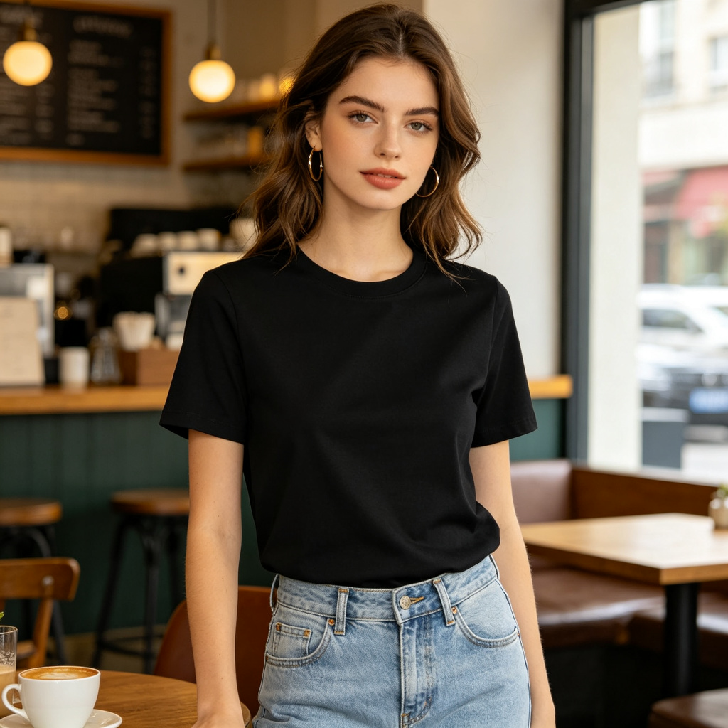 Black Cotton Crew Neck Short Sleeve T-Shirt – Bild 4