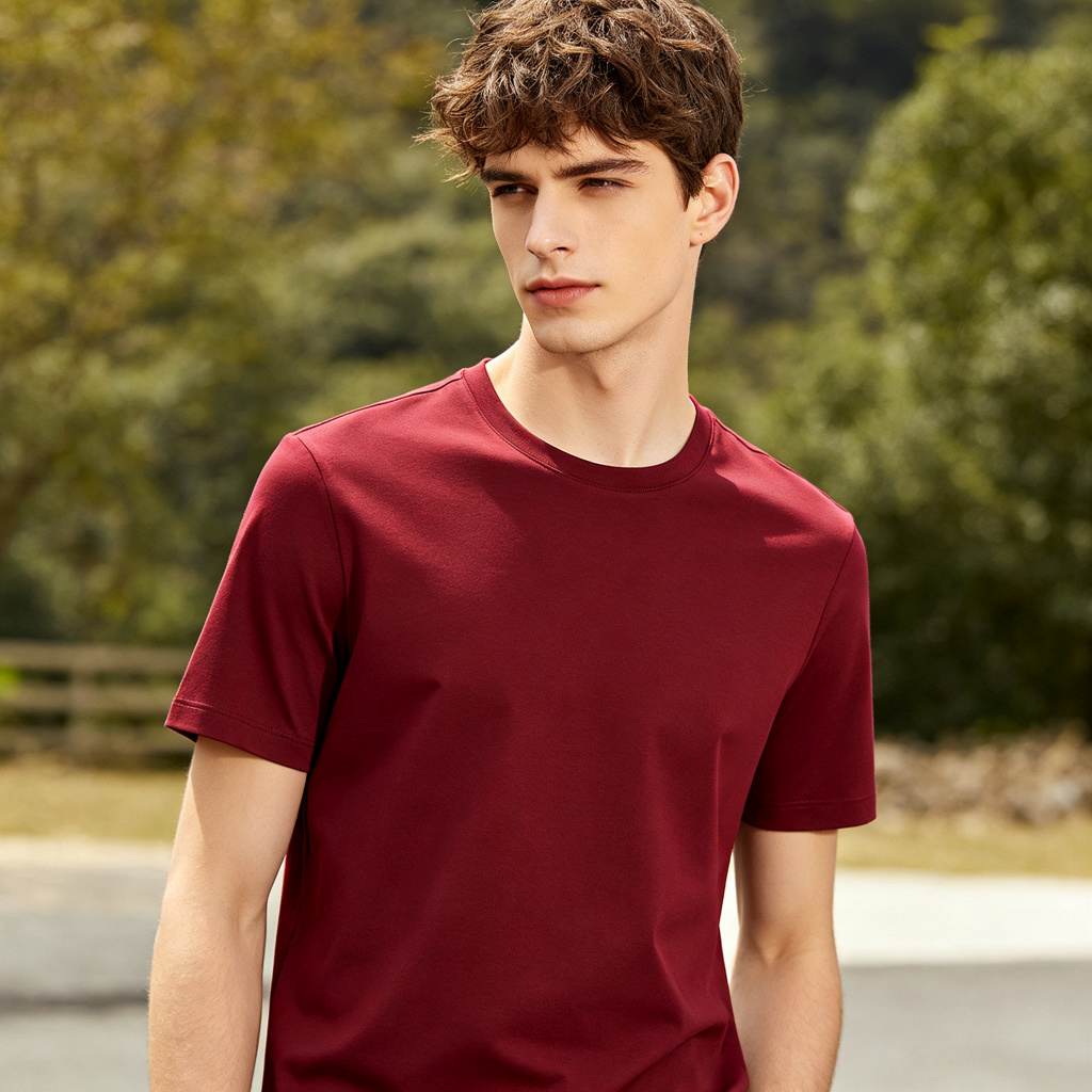 Burgundy Cotton Crew Neck Short Sleeve T-Shirt – Bild 4
