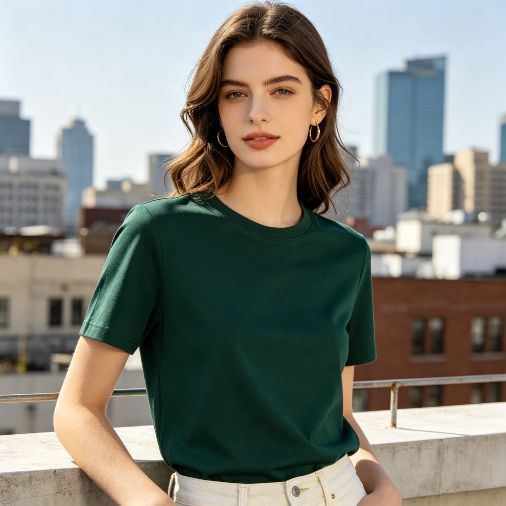 Dark Green Cotton Crew Neck Short Sleeve T-Shirt – Bild 4