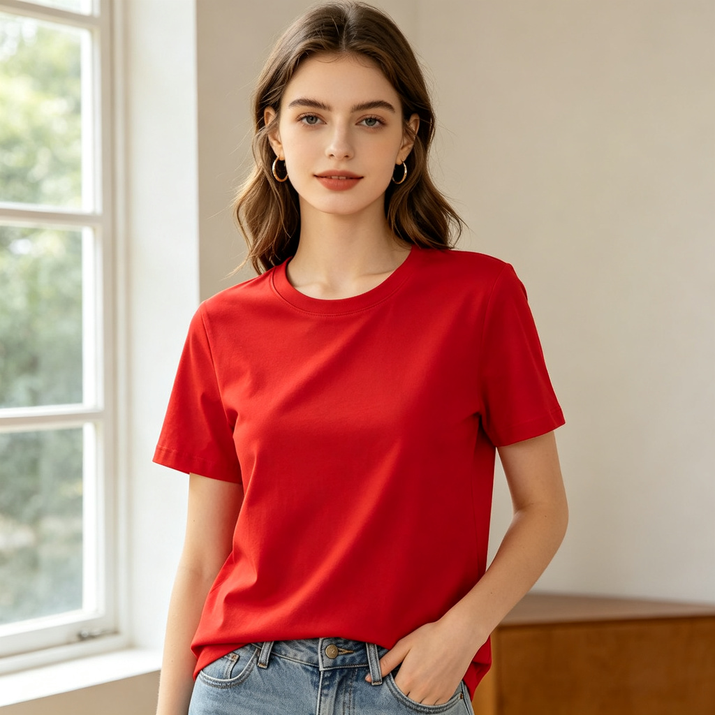 Red Cotton Crew Neck Short Sleeve T-Shirt – Bild 4