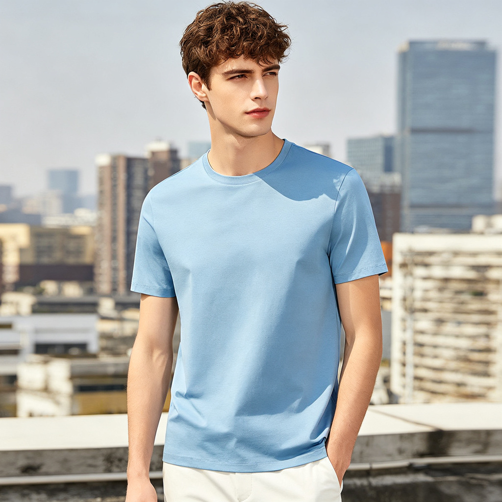 Light Blue Cotton Crew Neck Short Sleeve T-Shirt – Bild 4