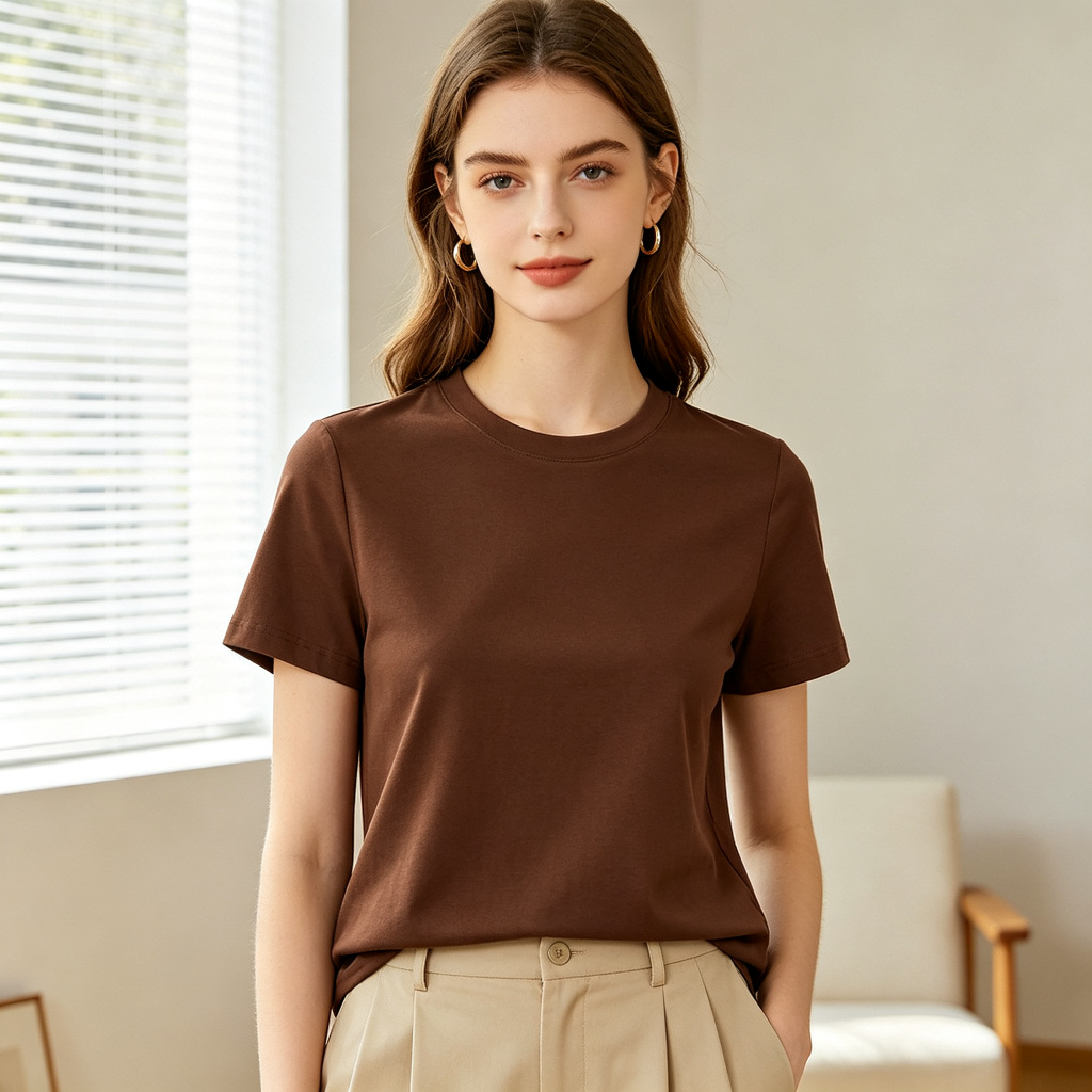 Coffee Cotton Crew Neck Short Sleeve T-Shirt – Bild 4
