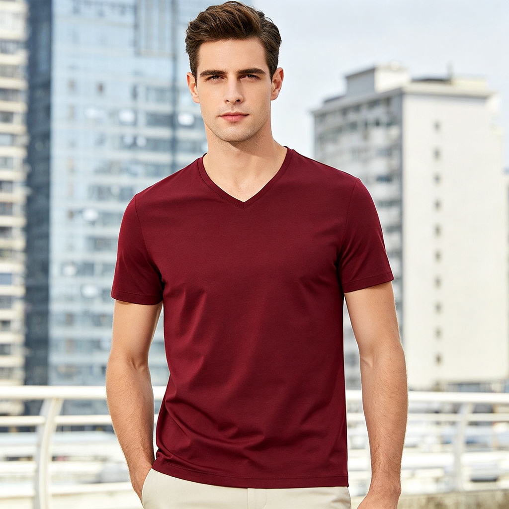 Burgundy V Neck Short Sleeve T-Shirt – Bild 4