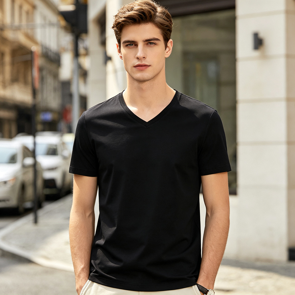 Black V Neck Short Sleeve T-Shirt – Bild 4