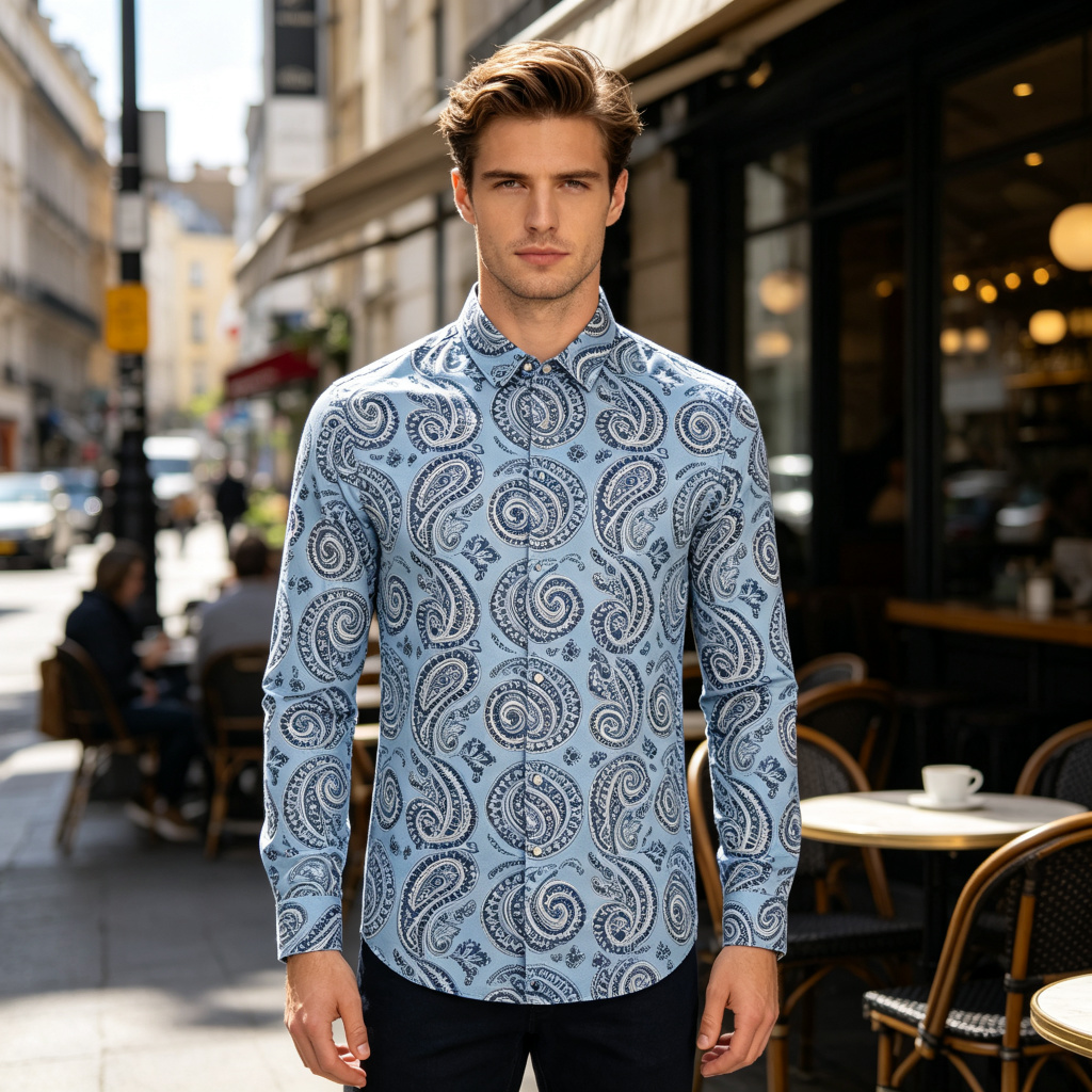 Light Blue Vintage Paisley Print Long Sleeve Shirt – Bild 4