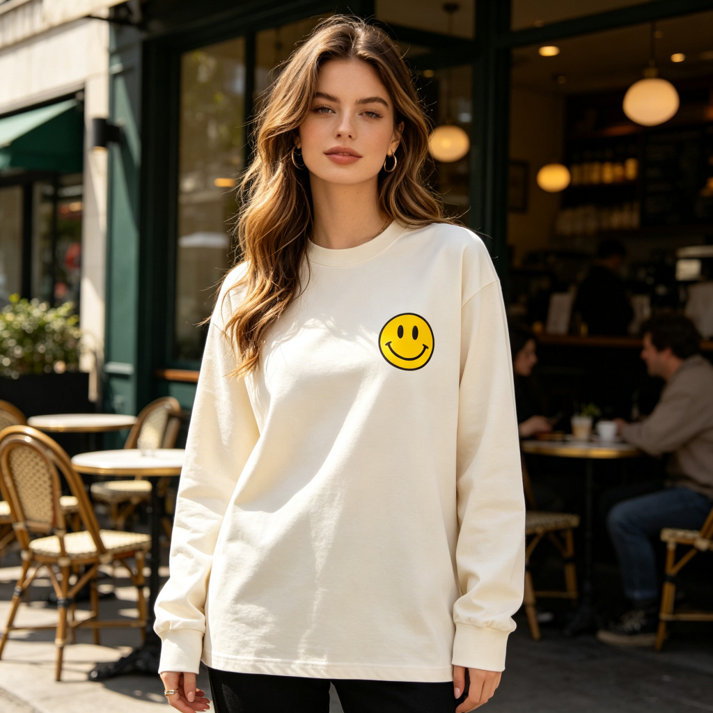 Cream Smiley Face Print Long Sleeve T-Shirt – Bild 4