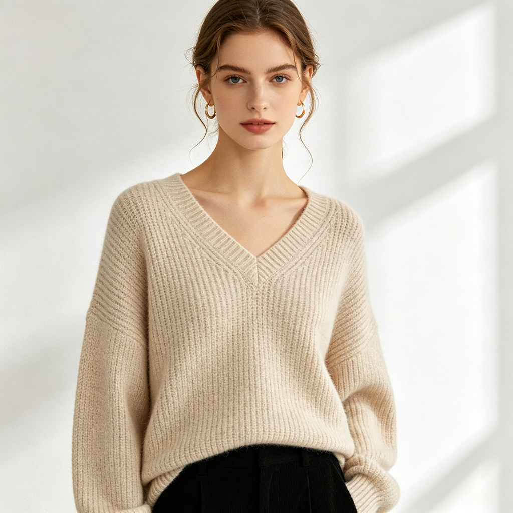 Beige V Neck Knit Sweater – Bild 4