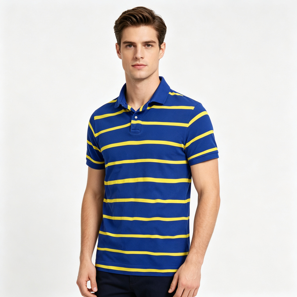 Royal Blue Yellow Stripe Polo Collar Polo Shirt – Bild 4