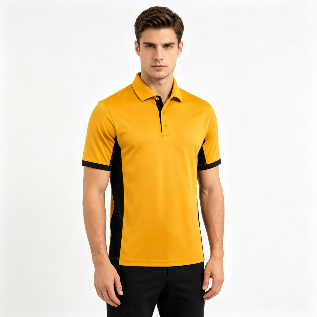 Golden Yellow Black Color Block Polo Collar Polo Shirt – Bild 4