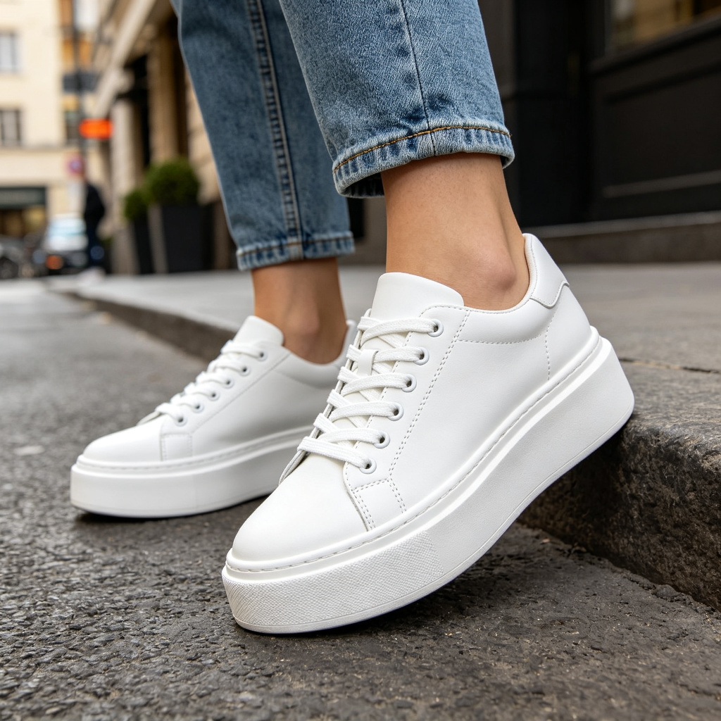 White Leather Platform Chunky Sole Sneakers – Bild 4