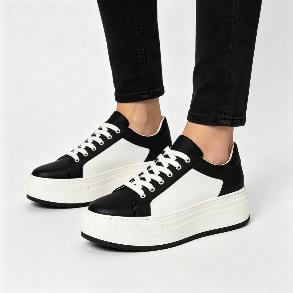 Black and White Colorblock Leather Sneakers – Bild 4