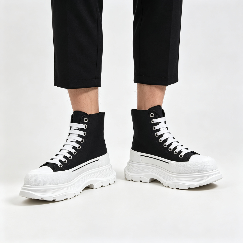 Black White Color Block Platform High Top Canvas Shoes – Bild 4