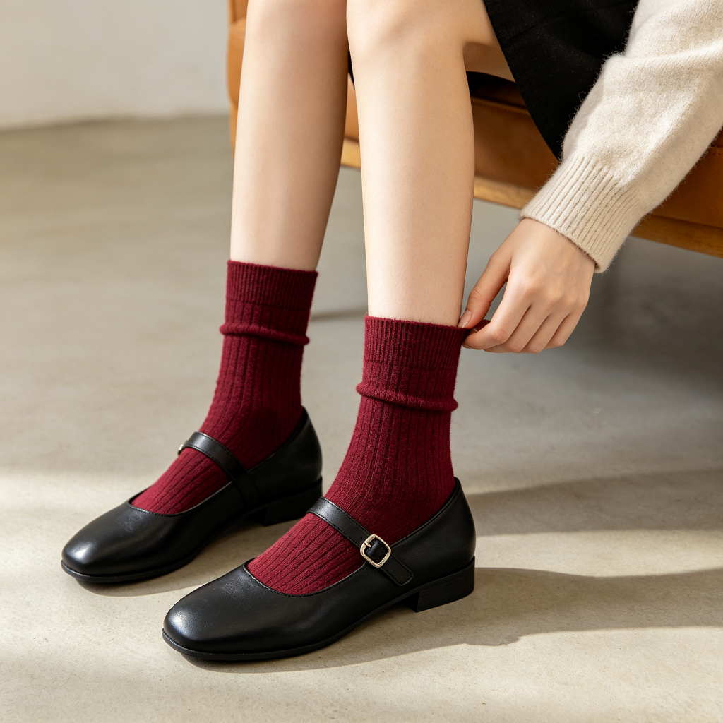 Burgundy Cotton Crew Length Socks – Bild 3
