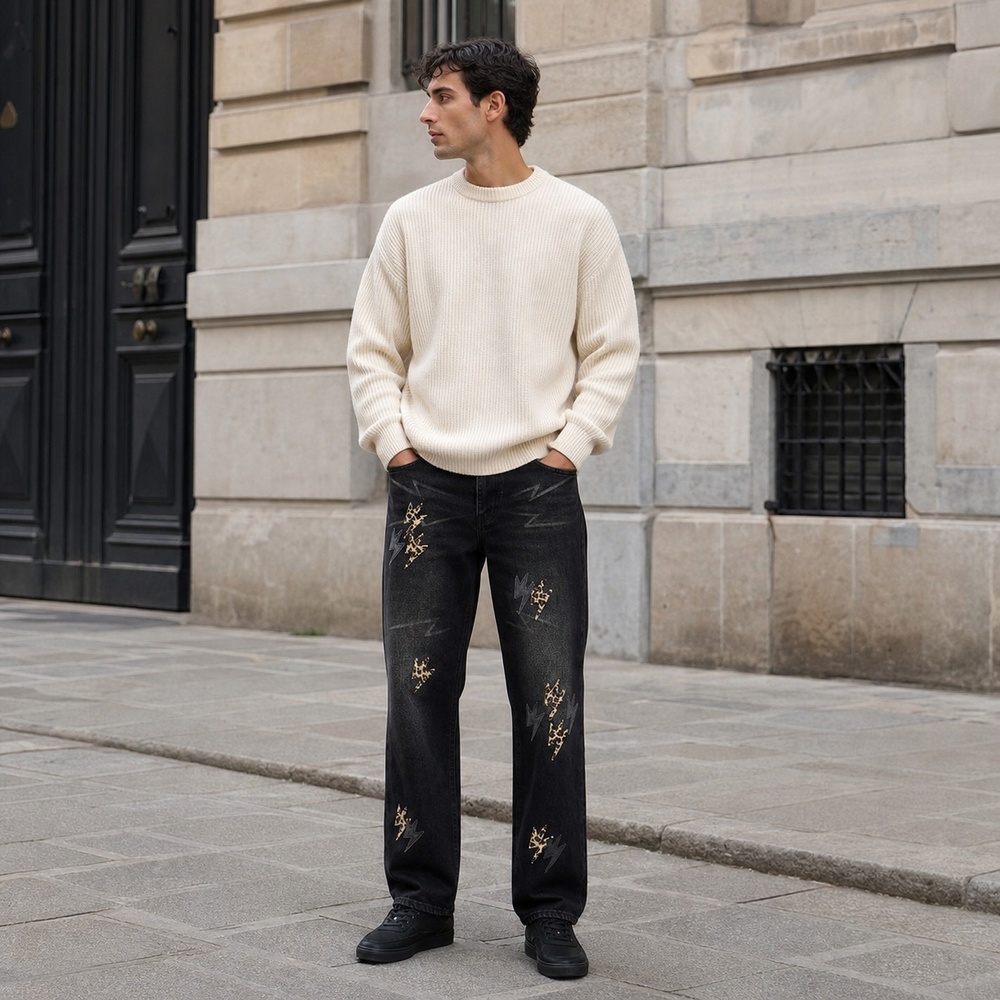 Black Washed Leopard Lightning Straight Leg Jeans – Bild 4