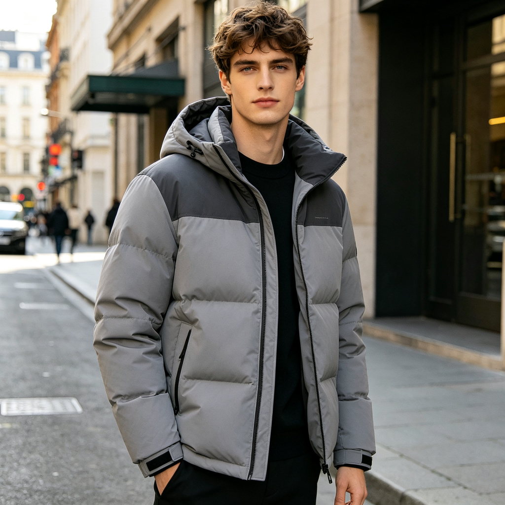 Gray Panel Hooded Down Jacket – Bild 4