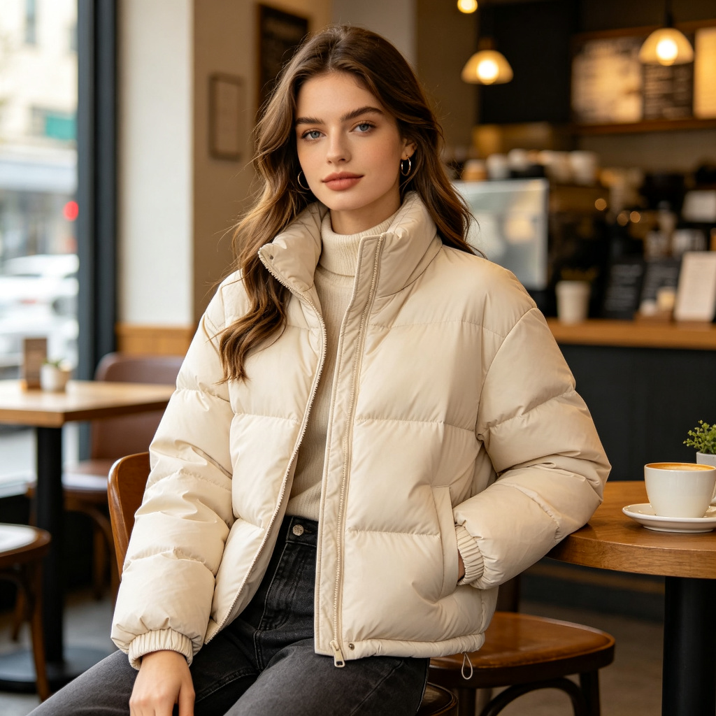 Beige Stand Collar Down Jacket – Bild 4