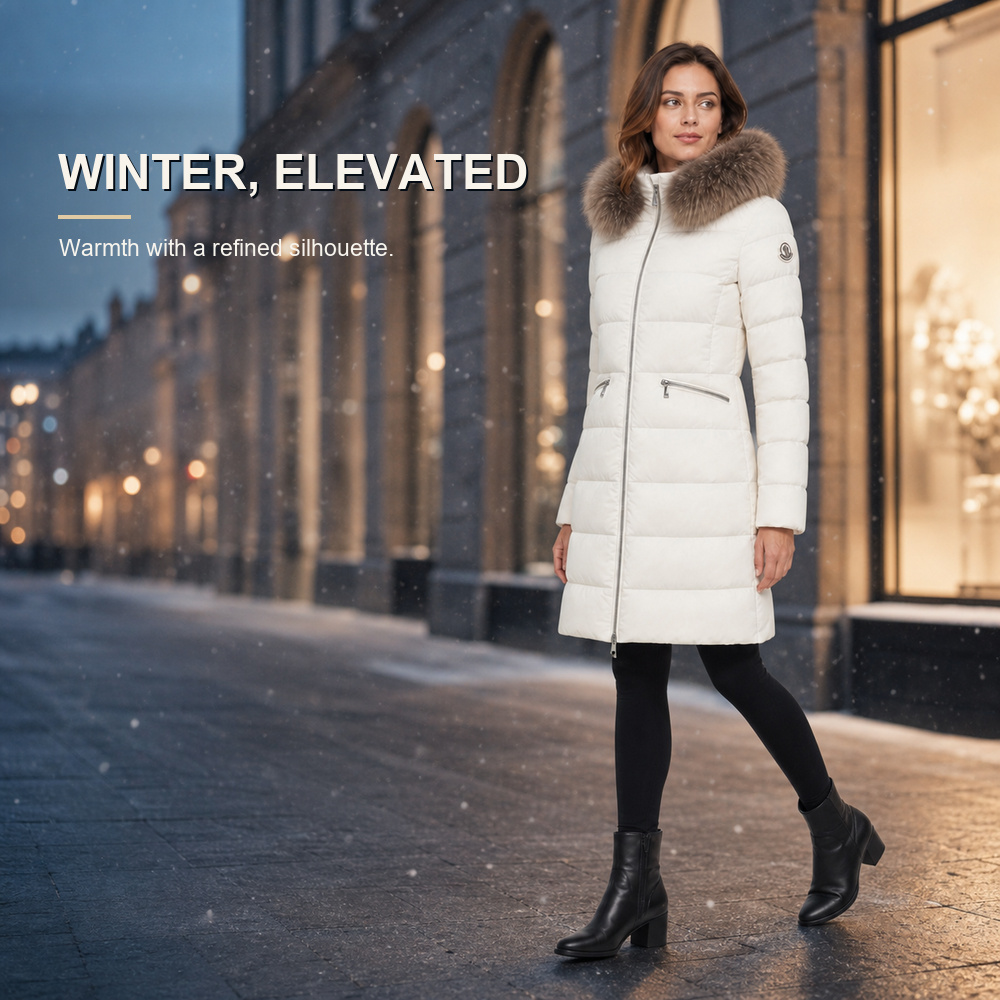 Ivory Fur Trim Long Down Coat – Bild 5
