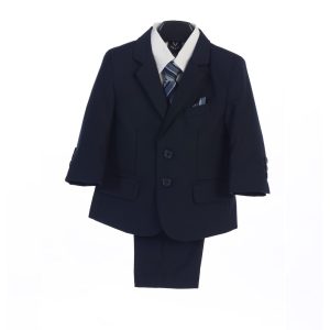 Marineblaue Jacke, Weste, Krawatte, Einstecktuch, Hemd, Hose, 5-teiliger Anzug 2T-7