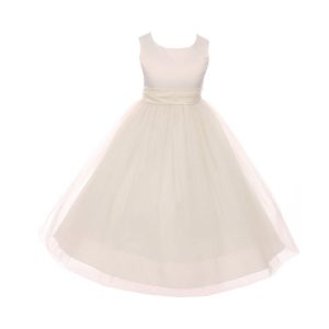 Junior-Brautjungfernkleid für große Mädchen, Elfenbeinfarben, Tüll, Satin, Schärpe, Schleife, Größe 8–14