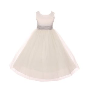 Blumenmädchenkleid für kleine Mädchen, Elfenbein, Silber, Tüll, Satin, Schärpe, Schleife, Größe 2–6
