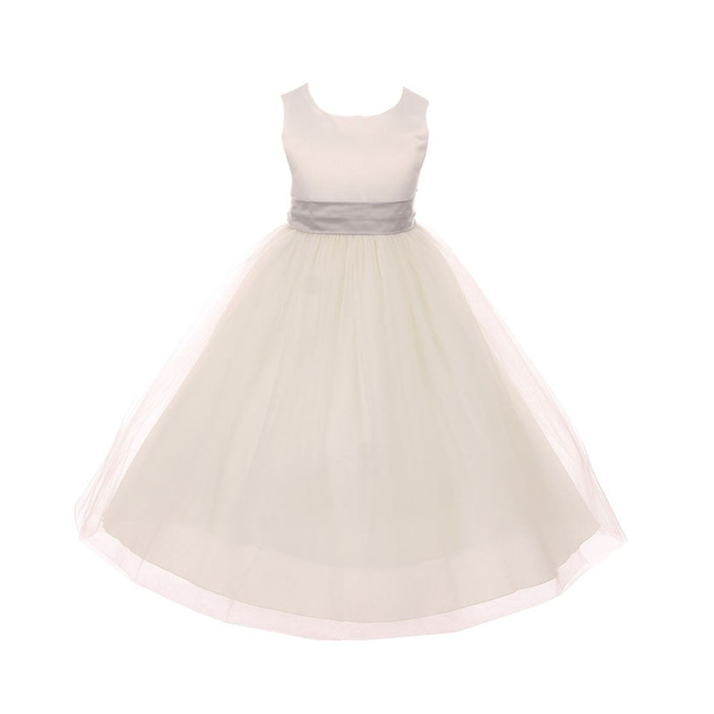 Kleine Mädchen Elfenbein Silber Tüll Satin Schärpe Bogen Blumenmädchen Kleid 2-6