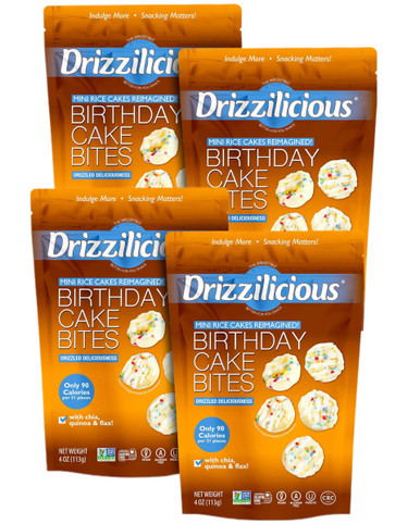 Drizzilicious Geburtstagskuchen Mini Reis Kuchen Bites, (Packung mit 4)
