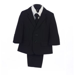 Schwarze Jacke für große Jungen, Weste, Krawatte, Einstecktuch, Hemd, Hose, 5-teiliger Anzug, 8–14