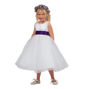 Elfenbeinfarbenes Auberginen-Satin-Schleifenkleid für Junior-Brautjungfer, Größe 2–14