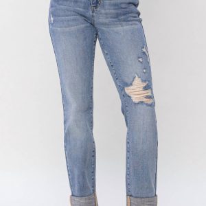 Boyfriend-Jeans im Distressed-Look mit mittlerer Leibhöhe und mittlerer Waschung