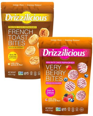 Drizzilicious Mini Reis Kuchen Sortiment Packung, Französisch Toast und sehr Berry Aromen, glutenfrei, 90 Kalorien, 4 Unzen Taschen (Packung mit 2)