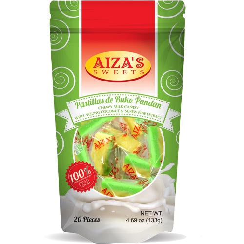 Aiza's Sweets – Pastillas de Buko Pandan – weich zum Kauen Milch Süßigkeiten mit Junger Kokosnuss und Screw Pine Extrakt – 20 Stück – 133 G