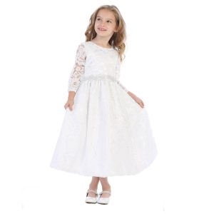 Kommunionkleid für Mädchen in Weiß und Silber mit Kordel und Blumenbesatz und Spitze, Größe 5–12