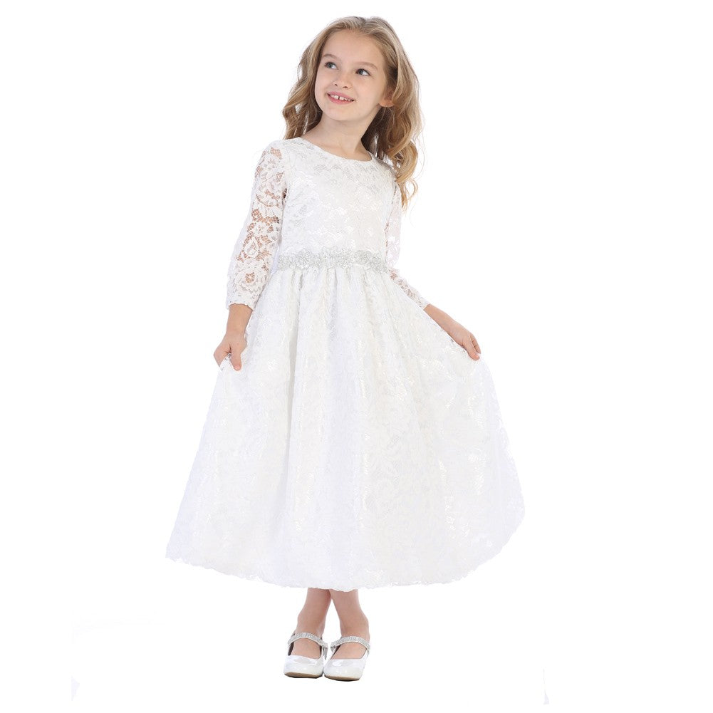 Mädchen Weiß Silber Corded Blumenbesatz Spitze Blumenmädchen Kommunion Kleid 5-12