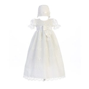 Baby-Mädchen-Kleid mit weißer Schleife und Camilla-Taufmütze, 0–18 Monate
