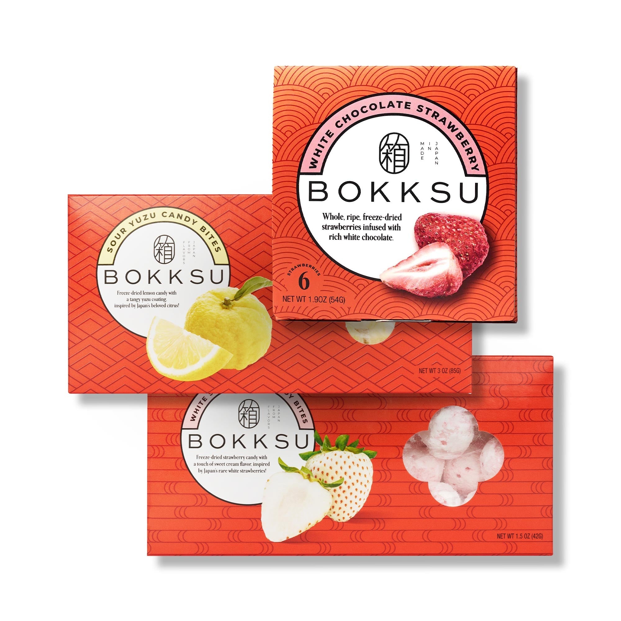 Japanische Süßigkeiten Bites Trio Delight: Weiße Erdbeere & sauer Yuzu