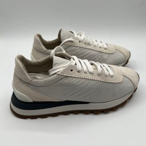 Brunello Cucinelli Weiße Damen Sneaker aus Nylon Wildleder In Verde Militare